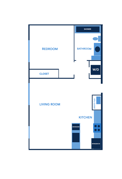Floor plan for 1 bed, 1 bath, 667 sqft